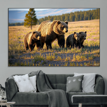 43400-SEG-FC-51X34_Oversize_Oversize-Bear Family Wall Art – Wildlife Canvas Print of Mother Bear with Cubs in Sunlit Meadow, Rustic Animal Artwork for Living Room,