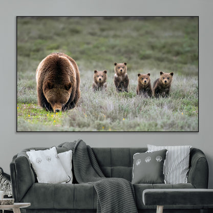 40555-MGV-CV-36X24-Bear Family Wall Art – Wildlife Canvas Print of Mother Bear with Four Cubs in Nature, Rustic Animal Artwork for Living Room,