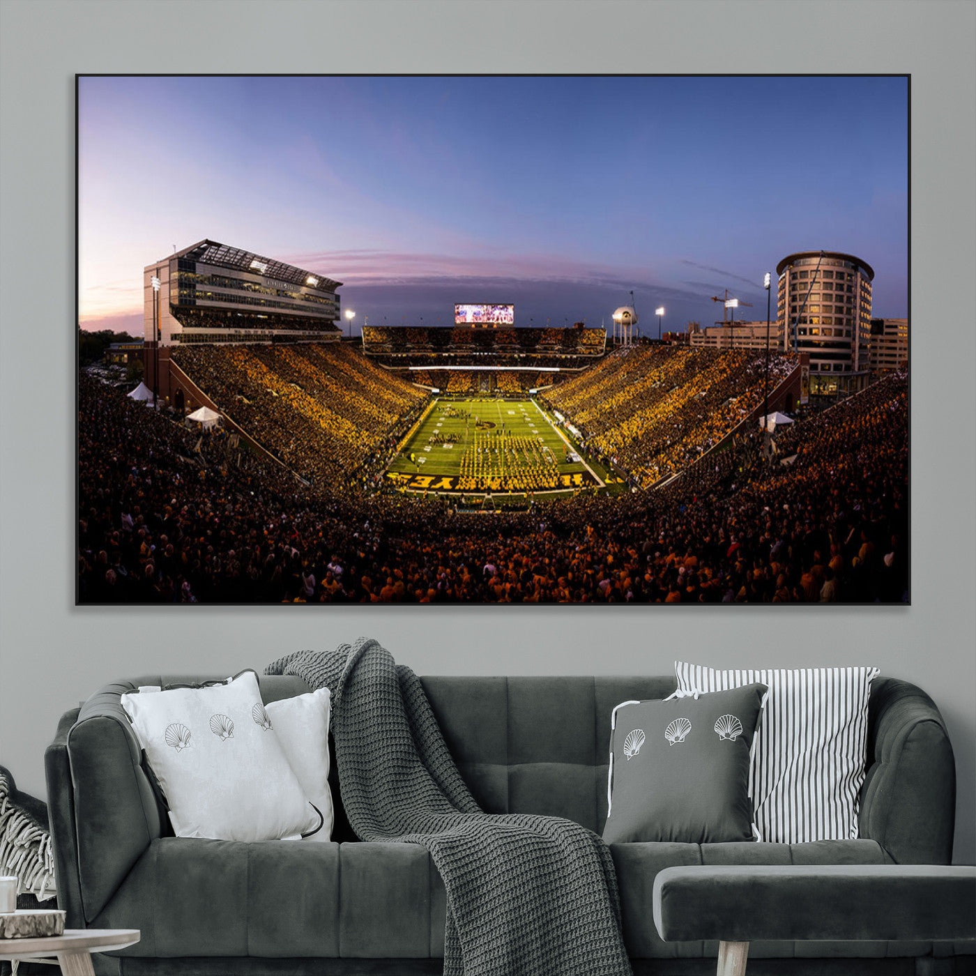 82557-MGV-CV-36X24-College Football Stadium Wall Art – Panoramic Sunset Canvas Print with Marching Band and Game Day Crowd, Sports Artwork for Man