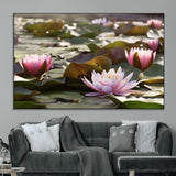 28394-MGV-CV-36X24-Water Lily Pond Wall Art – Pink Lotus Flowers Canvas Print with Green Lily Pads, Peaceful Botanical Artwork for Living Room,