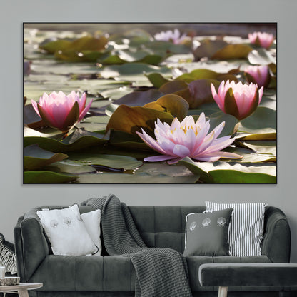 28394-MGV-CV-36X24-Water Lily Pond Wall Art – Pink Lotus Flowers Canvas Print with Green Lily Pads, Peaceful Botanical Artwork for Living Room,
