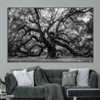 132944706-MGV-CV-36X24-Ancient Tree Wall Art – Black and White Photography Canvas Print Featuring Majestic Twisting Branches, Rustic Nature Artwork for