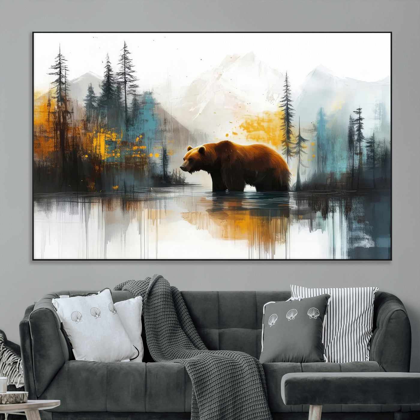 50308-MGV-CV-36X24-Abstract Rustic Bear Wall Art – Forest and Mountain Scene Canvas Print, Nature Artwork for Modern Farmhouse or Log Cabin Decor