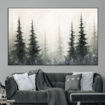 33241-MGV-CV-36X24-Misty Forest Wall Art Canvas Print, Framed Foggy Pines Art Picture Print, Forest Haze Perfect Rustic Minimalist Decor Artwork