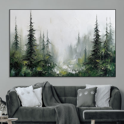 76014-MGV-CV-36X24-Forest Wall Art – Textured Canvas Print Featuring Misty Evergreen Pines and Woodland Landscape, Rustic Nature Artwork for Living
