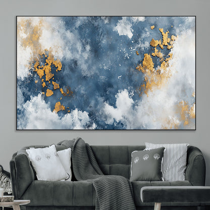 39575-MGV-CV-36X24-Blue and Gold Abstract Wall Art – Modern Canvas Print Featuring Cloudy Textures with Metallic Accents, Contemporary Artwork for