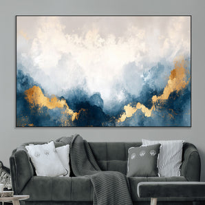 14578-MGV-CV-36X24-Abstract Wall Art – Modern Canvas Print Featuring Blue and White Clouds with Golden Accents, Contemporary Elegant Artwork for
