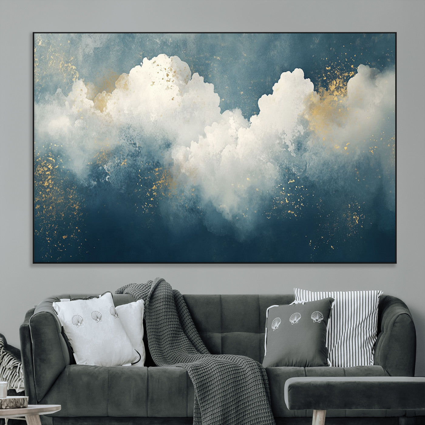 75131-MGV-CV-36X24-Abstract Cloud Wall Art – Modern Canvas Print Featuring Blue and White Clouds with Golden Accents, Contemporary Artwork for Living