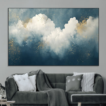 75131-MGV-CV-36X24-Abstract Cloud Wall Art – Modern Canvas Print Featuring Blue and White Clouds with Golden Accents, Contemporary Artwork for Living