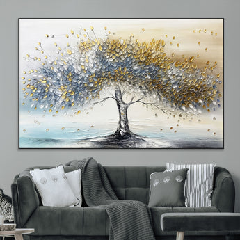 24771-MGV-CV-36X24-Silver Tree Wall Art Canvas Print, Framed Golden Leaves Art Picture Print, Metallic Tree Perfect Minimalist Luxury Decor Artwork