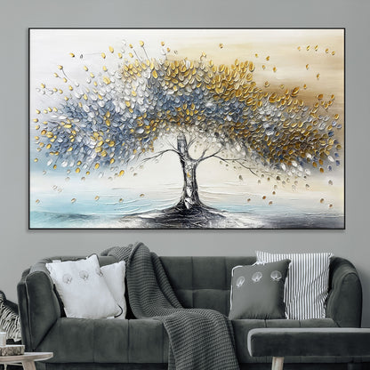 24771-MGV-CV-36X24-Silver Tree Wall Art Canvas Print, Framed Golden Leaves Art Picture Print, Metallic Tree Perfect Minimalist Luxury Decor Artwork