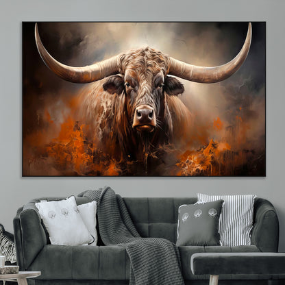 240479-MGV-CV-36X24-Longhorn Bull Wall Art – Dramatic Western Canvas Print Featuring Horned Bull with Fiery Background, Rustic Farmhouse Artwork for