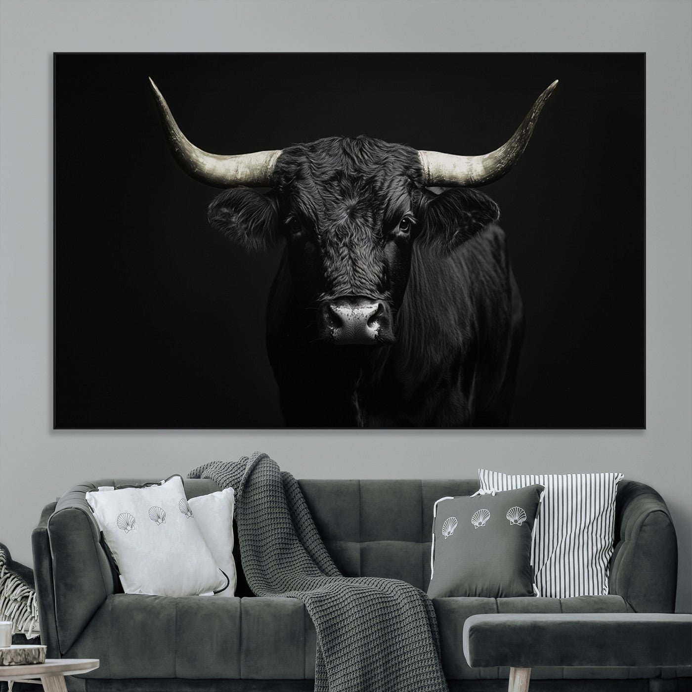 97914921-MGV-CV-36X24-Black Bull Wall Art Canvas Print, Framed Longhorn Bull Art Picture Print, Western Bull Perfect Monochrome Western Decor Artwork