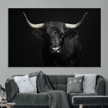 97914921-MGV-CV-36X24-Black Bull Wall Art Canvas Print, Framed Longhorn Bull Art Picture Print, Western Bull Perfect Monochrome Western Decor Artwork