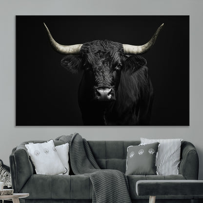 97914921-MGV-CV-36X24-Black Bull Wall Art Canvas Print, Framed Longhorn Bull Art Picture Print, Western Bull Perfect Monochrome Western Decor Artwork