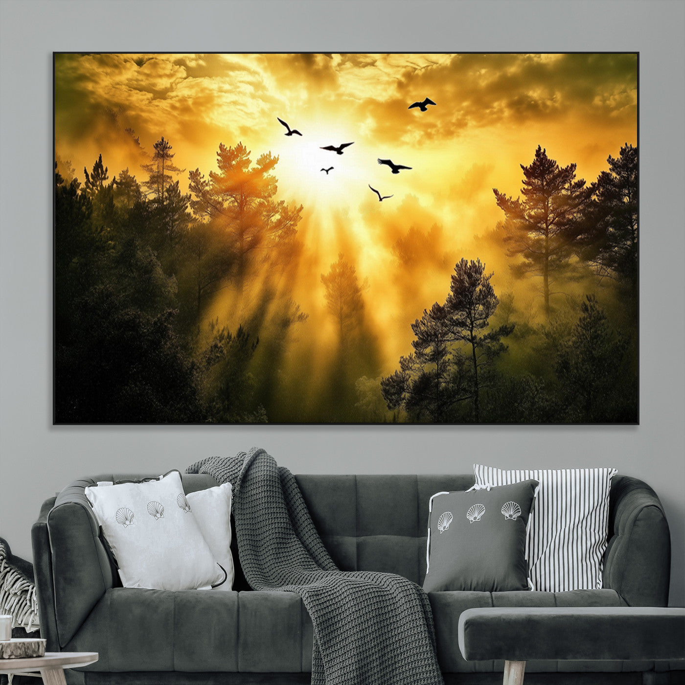 13776802-MGV-CV-36X24-Golden Forest Wall Art Canvas Print, Framed Sunset Pines Art Picture Print, Flying Birds Perfect Nature Glow Decor Artwork