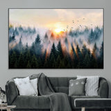 56391411-MGV-CV-36X24-Misty Forest Wall Art Canvas Print, Framed Sunrise Pines Art Picture Print, Moody Pines Perfect Serene Woodland Decor Artwork