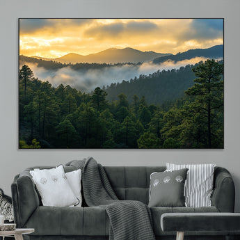 68082278-MGV-CV-36X24-Mountain Sunrise Wall Art Canvas Print, Framed Pine Forest Art Picture Print, Misty Mountains Perfect Earthy Woodland Decor