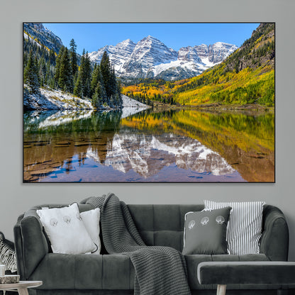 87724099-MGV-CV-36X24-Maroon Bells Wall Art Canvas Print, Framed Snowy Mountains Art Picture Print, Pine Forest Perfect Vibrant Alpine Decor Artwork