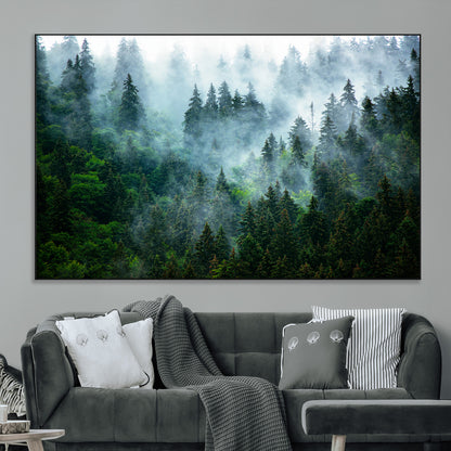 17393683-MGV-CV-36X24-Misty Forest Art Wall Art Canvas Print, Framed Foggy Mountain Art Art Picture Print, Scenic Wall Print Perfect Decor Artwork