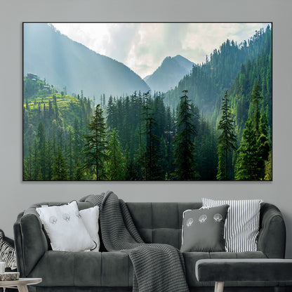 83417191-MGV-CV-36X24-Misty Mountain Forest Wall Art – Pine Tree Landscape Canvas Print, Nature Photography Panorama, Tranquil Green Forest Décor for