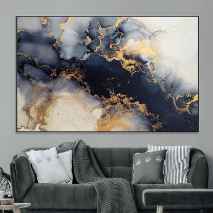 41136487-MGV-CV-36X24-Black Marble Wall Art Canvas Print, Framed Gold Veins Art Picture Print, Abstract Texture Perfect Moody Luxe Decor Artwork
