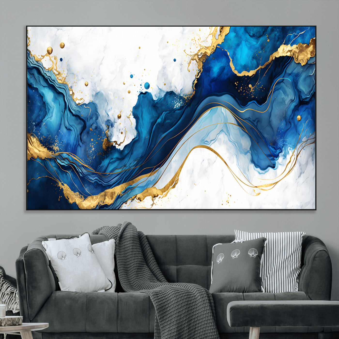 33506371-MGV-CV-36X24-Blue Marble Wall Art Canvas Print, Framed Gold Splash Art Picture Print, Abstract Wave Perfect Modern Luxe Decor Artwork