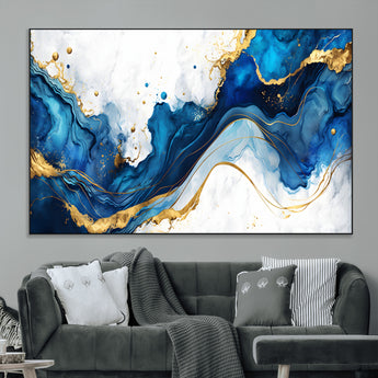 33506371-MGV-CV-36X24-Blue Marble Wall Art Canvas Print, Framed Gold Splash Art Picture Print, Abstract Wave Perfect Modern Luxe Decor Artwork