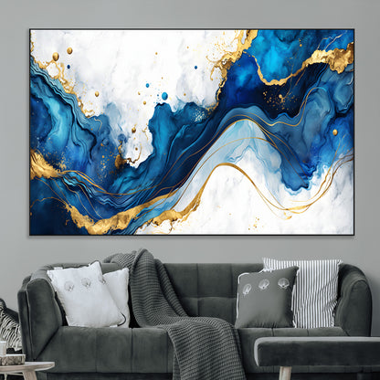 33506371-MGV-CV-36X24-Blue Marble Wall Art Canvas Print, Framed Gold Splash Art Picture Print, Abstract Wave Perfect Modern Luxe Decor Artwork