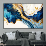 60283636-MGV-CV-36X24-Blue Gold Flow Wall Art Canvas Print, Framed Marble Texture Art Picture Print, Elegant Splash Perfect Elegant Abstract Decor