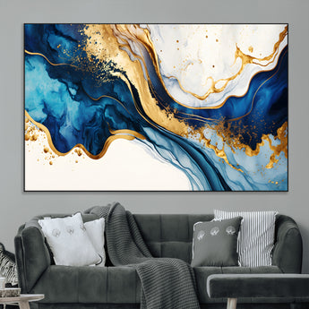 60283636-MGV-CV-36X24-Blue Gold Flow Wall Art Canvas Print, Framed Marble Texture Art Picture Print, Elegant Splash Perfect Elegant Abstract Decor
