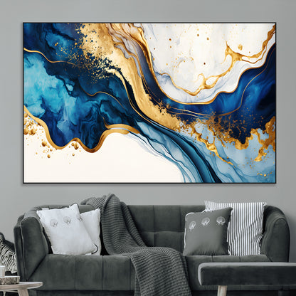 60283636-MGV-CV-36X24-Blue Gold Flow Wall Art Canvas Print, Framed Marble Texture Art Picture Print, Elegant Splash Perfect Elegant Abstract Decor