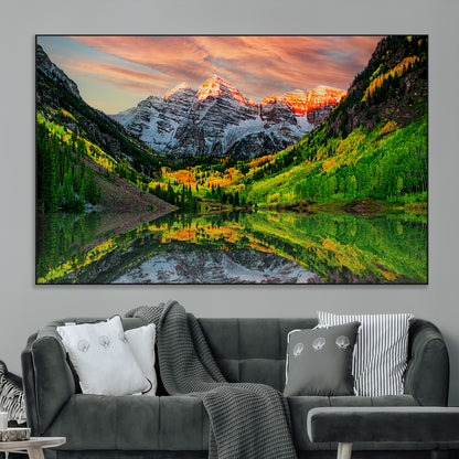 59533484-MGV-CV-36X24-Maroon Bells Autumn Wall Art – Panoramic Mountain Landscape Canvas Print, Sunset Reflection Nature Artwork for Living Room, Office