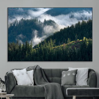 84598503-MGV-CV-36X24-Misty Forest Wall Art Canvas Print, Framed Pine Hills Art Picture Print, Moody Hills Perfect Moody Woodland Decor Artwork