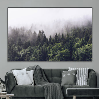 62890402-MGV-CV-36X24-Misty Forest Wall Art Canvas Print, Framed Foggy Pines Art Picture Print, Pine Valley Perfect Moody Woodland Decor Artwork