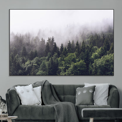 62890402-MGV-CV-36X24-Misty Forest Wall Art Canvas Print, Framed Foggy Pines Art Picture Print, Pine Valley Perfect Moody Woodland Decor Artwork