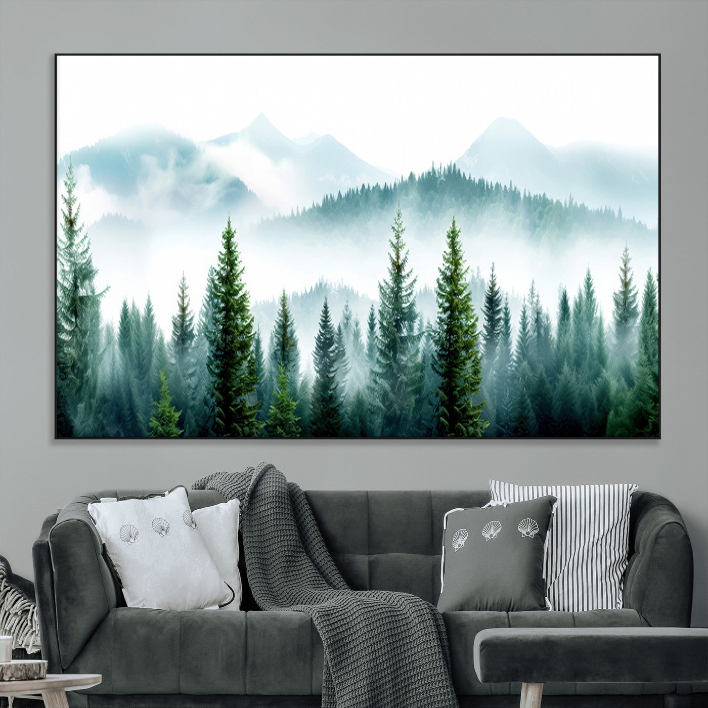 16716676-MGV-CV-36X24-Pine Forest Wall Art Canvas Print, Framed Misty Mountains Art Picture Print, Foggy Trees Perfect Moody Forest Decor Artwork