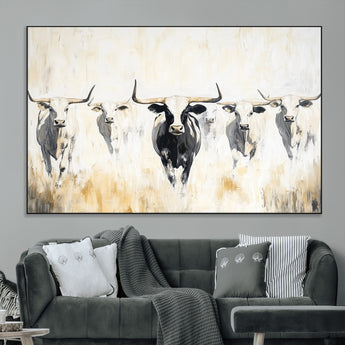 40397799-MGV-CV-36X24-Texas Longhorn Wall Art Canvas Print, Framed Rustic Herd Art Picture Print, Western Bull Perfect Neutral Western Decor Artwork