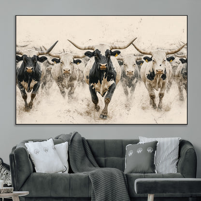 61538944-MGV-CV-36X24-Texas Longhorn Wall Art Canvas Print, Framed Cattles Walking Art Picture Print, Black White Bulls Perfect Rustic Western Decor