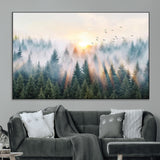 92718976-MGV-CV-36X24-Misty Forest Wall Art Canvas Print, Framed Sunrise Pines Art Picture Print, Foggy Woodland Perfect Moody Woodland Decor Artwork