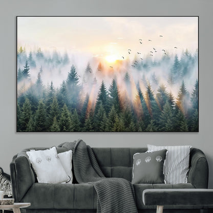 92718976-MGV-CV-36X24-Misty Forest Wall Art Canvas Print, Framed Sunrise Pines Art Picture Print, Foggy Woodland Perfect Moody Woodland Decor Artwork
