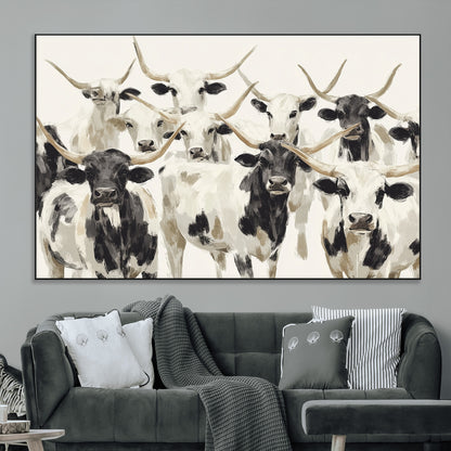 52947970-MGV-CV-36X24-Texas Longhorn Wall Art Canvas Print, Framed Cattle Herd Art Picture Print, Herd Portrait Perfect Modern Farmhouse Decor Artwork