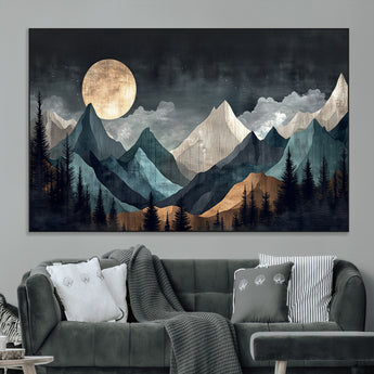 11060882-MGV-CV-36X24-Moonlit Mountains Wall Art Canvas Print, Framed Forest Silhouette Art Picture Print, Night Landscape Perfect Modern Forest Decor