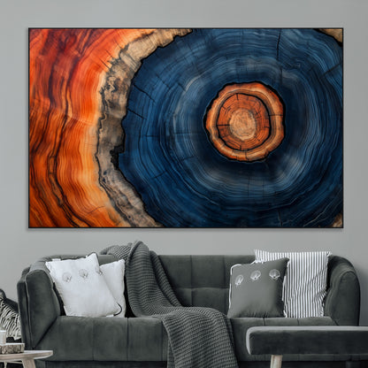 72209152-MGV-CV-36X24-Abstract Tree Ring Wall Art – Vibrant Blue Orange Wood Grain Canvas Print, Rustic Modern Nature Artwork for Living Room, Office,