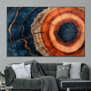 41123192-MGV-CV-36X24-Tree Ring Canvas Wall Art – Abstract Blue Orange Wood Grain Print, Rustic Modern Nature Artwork for Living Room, Bedroom, Office