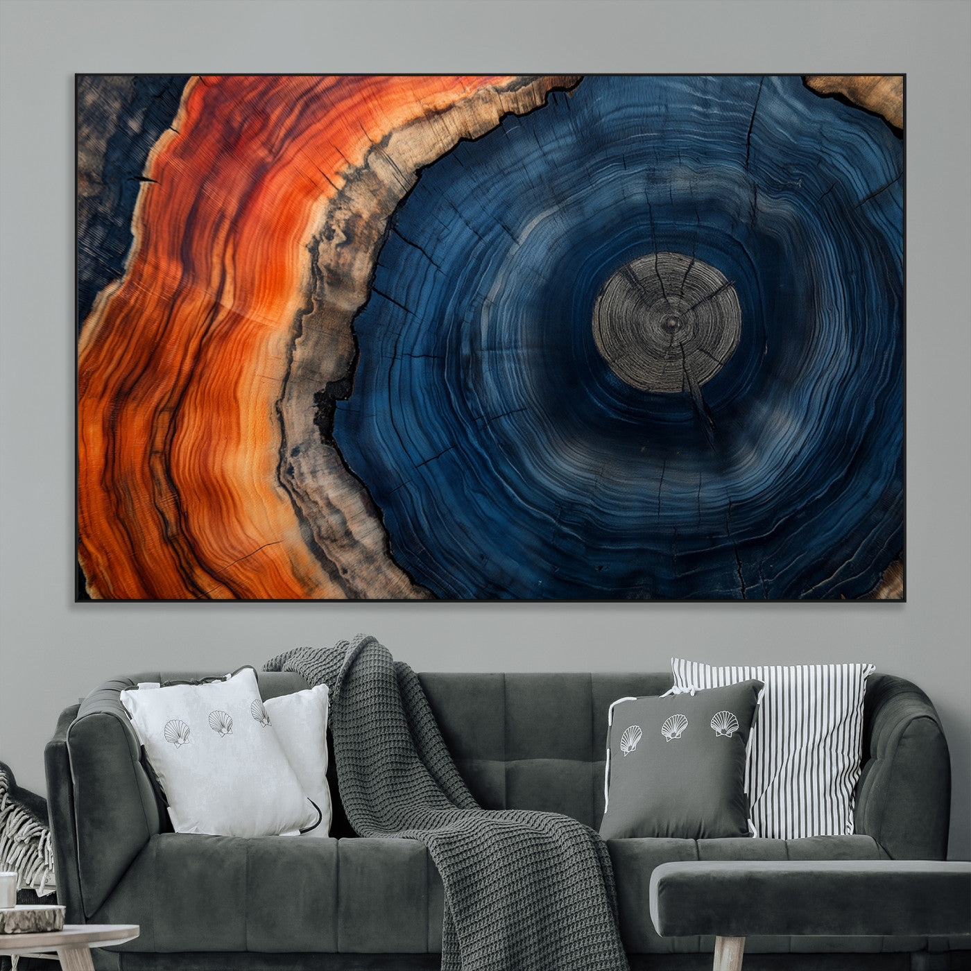 99491700-MGV-CV-36X24-Tree Ring Canvas Wall Art – Blue Orange Abstract Wood Grain Print, Rustic Modern Nature Artwork for Living Room, Office, Bedroom