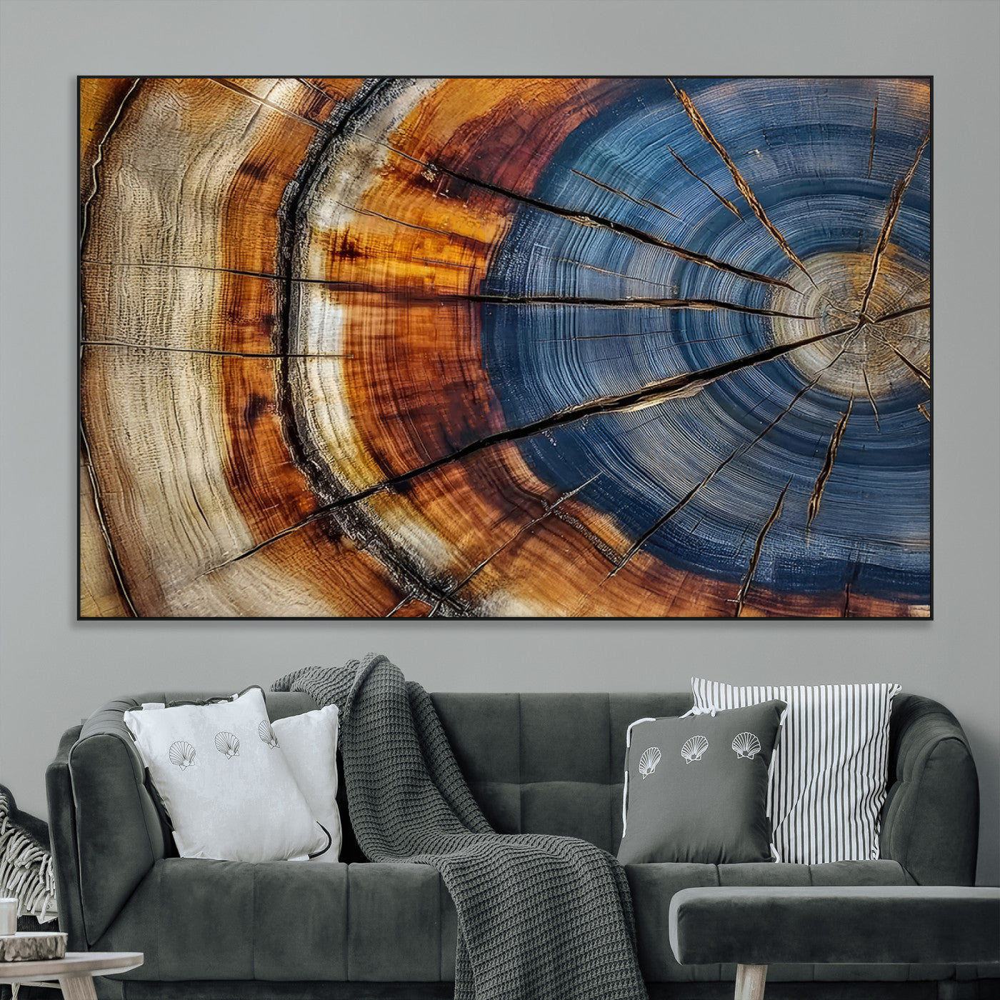 18032999-MGV-CV-36X24-Tree Ring Wall Art – Blue Brown Abstract Wood Slice Canvas Print, Rustic Modern Nature Decor for Living Room, Office, Bedroom or