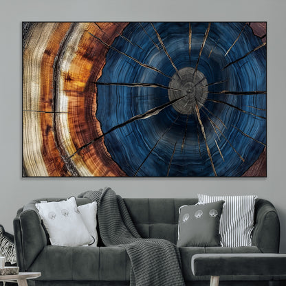 60099360-MGV-CV-36X24-Blue Tree Ring Wall Art – Rustic Wood Grain Canvas Print, Modern Abstract Artwork with Natural Texture for Living Room, Bedroom,