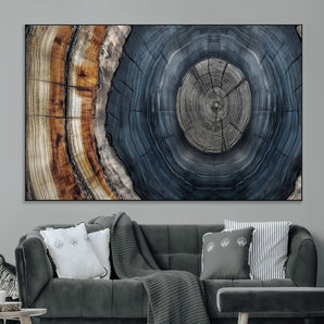 91368647-SEG-FC-51X34_Oversize_Oversize-Smoky Blue Tree Ring Wall Art – Rustic Wood Cross Section Canvas Print, Modern Nature Inspired Decor for Living Room, Office, or