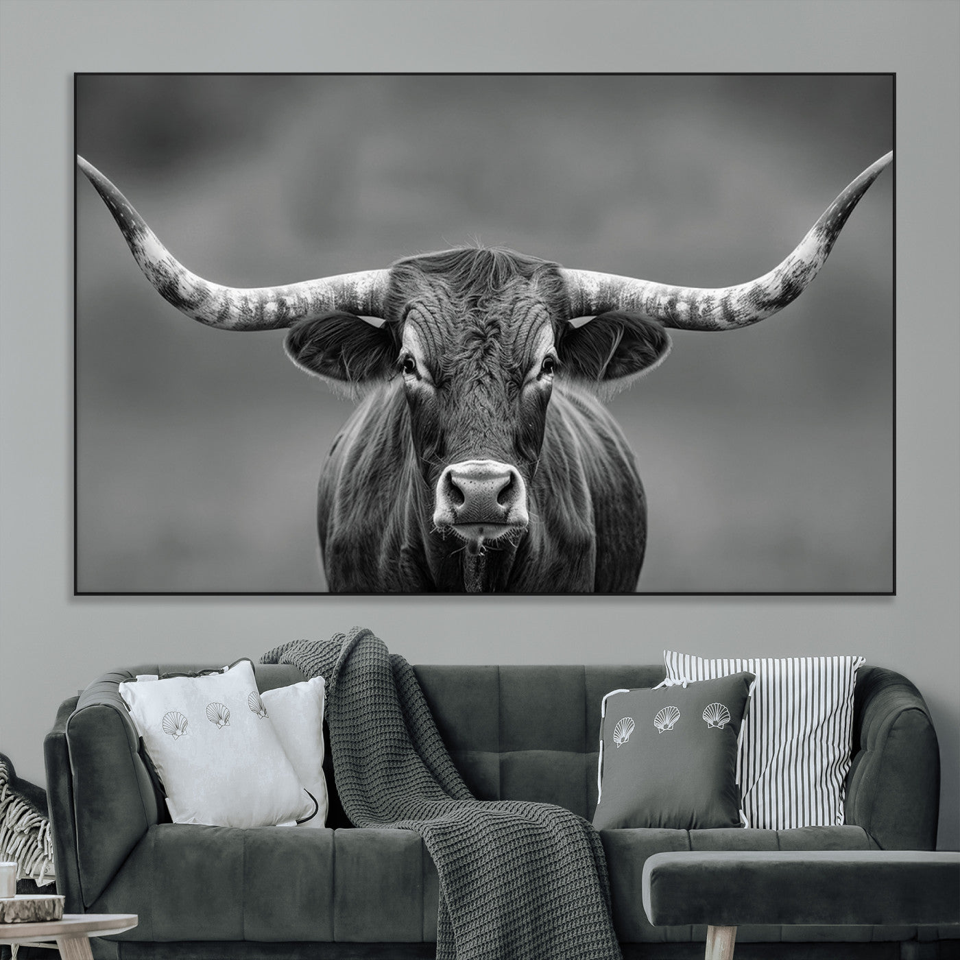81228550-MGV-CV-36X24-Framed Texas Longhorn Bull Art Canvas Print, Western Bull Wall Art Print, Long Horn Bull Photo Print for Log Cabin, Large Bull